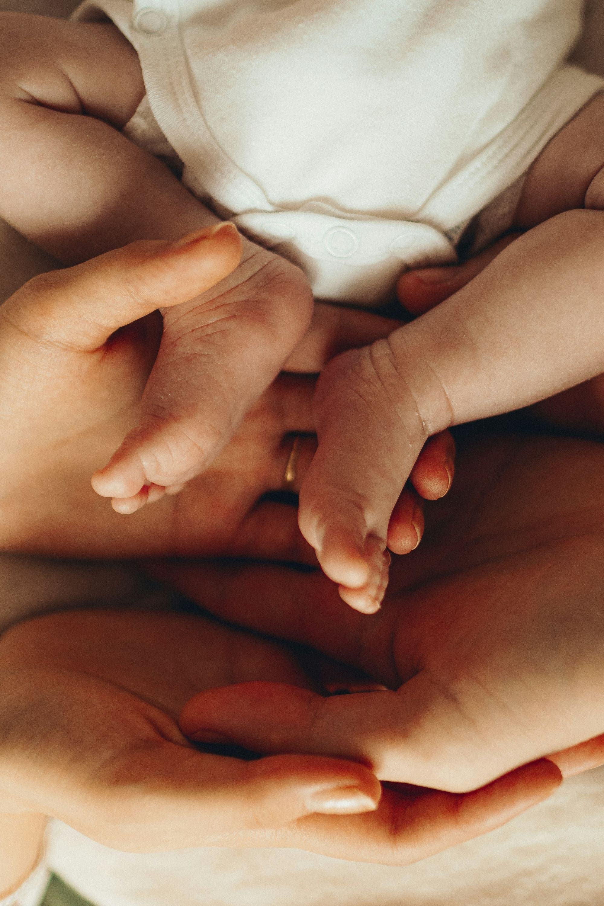 A newborn baby's tiny feet cradled in their parents' hands